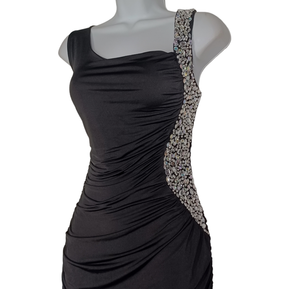 FOREIGN EXCHANGE Silver Iridescent Rhinestone Sleeveless Ruching Mini Dress S